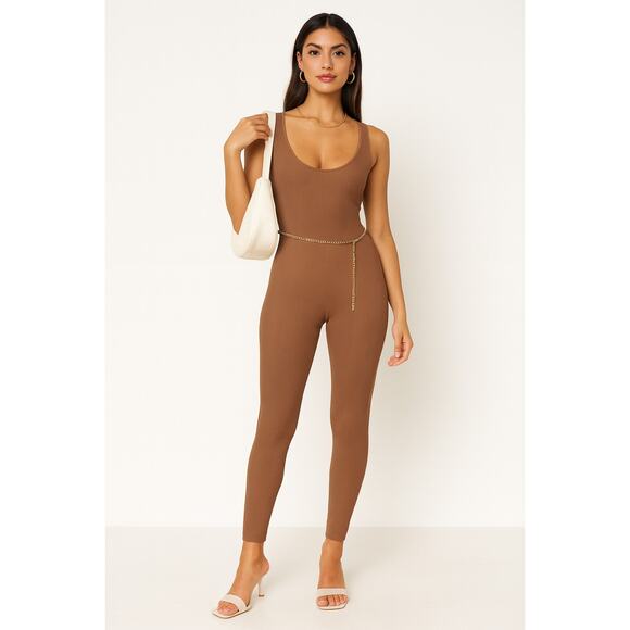 WeWoreWhat Belted Scoop Rib Knit Jumpsuit in Brown Size Small - Picture 1 of 7